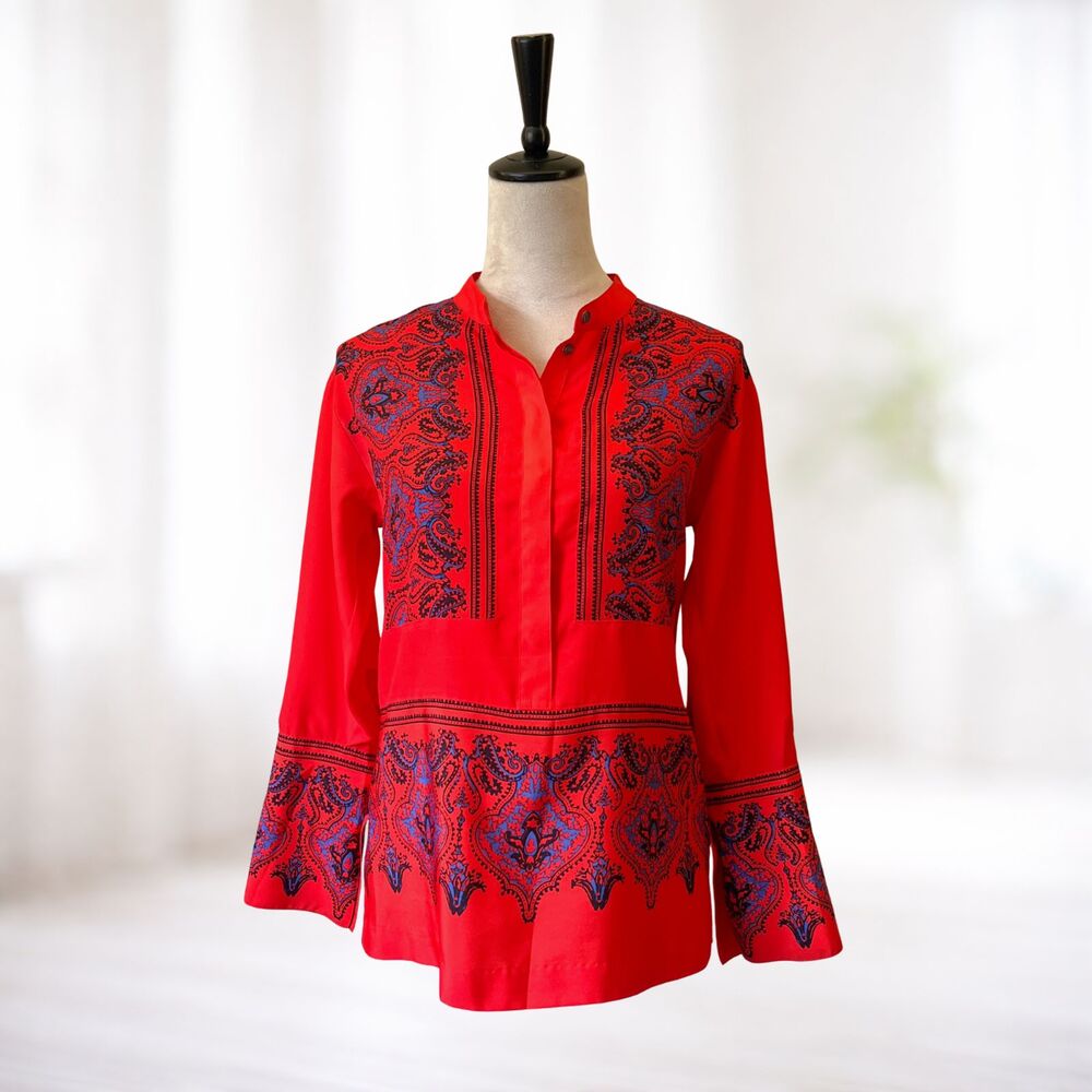 J.Crew Red Paisley Tunic Popover Top Womens XXS Boho Office Casual Eclectic